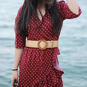 LUCHENGYI Women Straw Woven Elastic Stretch Waist Belt Skinny Boho Ladies Braided Dress Belt With Wooden Style Buckle, Size: Fit waist below 42 inch