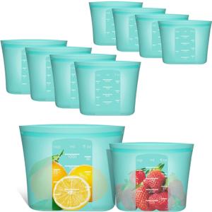 Reusable Sandwich & Snack Bags, 8 Pack 100% Silicone Food Storage Bags Stand Up Zip Lock for Food Container, Freezer Microwave Oven Dishwasher Safe, 4 Small 4 Extra Small, Aqua