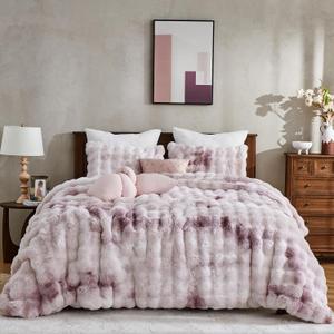 Wonderful 3 Pieces Fluffy Faux Rabbit Fur Bubble Comforter Set Queen Size, Tie-Dyeing Pink Purple Plush Fuzzy Bedding Set, Warm Soft Bubble Comforter Bedding Set for Winter