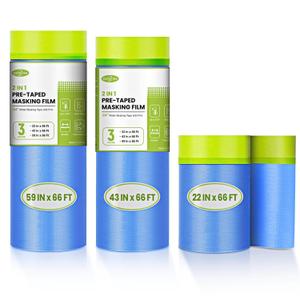 Pre-Taped Masking Film for Painting, 59/43/ 22 in * 66 FT, 3-Rolls Painters Plastic Sheeting with Widened Paint Tape and Drape for Covering Walls, Windows, Cars & Furniture Protection