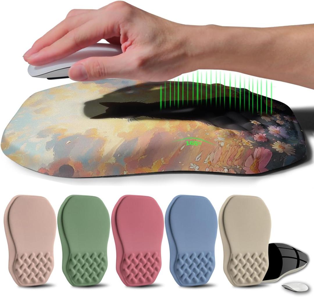 Ergonomic Raised Mouse Pad Wrist Support with Bilateral Slope Memory Foam Mousepad for Wrist Rest and Carpal Tunnel Pain Relief 11.8x7.9Flower Sea Cat