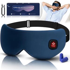 Cordless Heated Eye Mask for Dry Eyes, Blocking Light Sleeping Mask Warm Eye Compresses Electric Heating Pad for Stye Eye Treatment Blepharitis Sinus Migraine Gifts for Woman Man (Navy Blue)