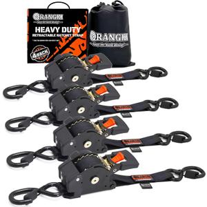ORANGEE 4 Pack Heavy Duty Auto Retractable Ratchet Strap 1IN x 10FT Perfect for Securing Cargo, Motorcycle & Boats Min. Breaking Strength 2,000LBS Per Strap - Black