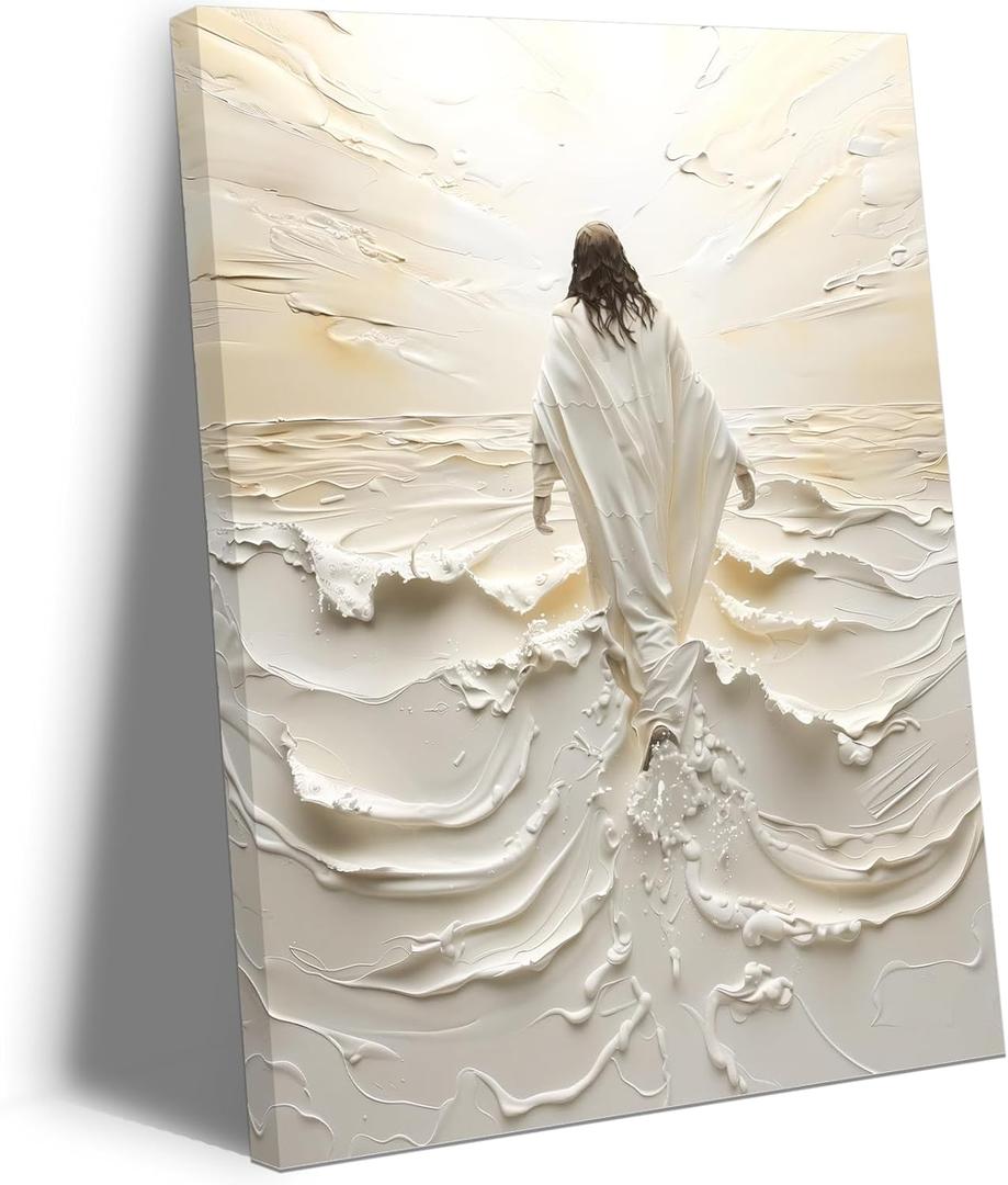 Jesus Walking on Water Wall Art, Christian Wall Decor Pictures, Divine Light Canvas Painting Modern Religious Bible Poster Prints for Living Room Bedroom Church Home Decoration 12x16 in Framed