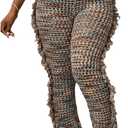 WDIRARA Women's Fringe Knit Flared Leggings High Waist Bootcut Pants, Large