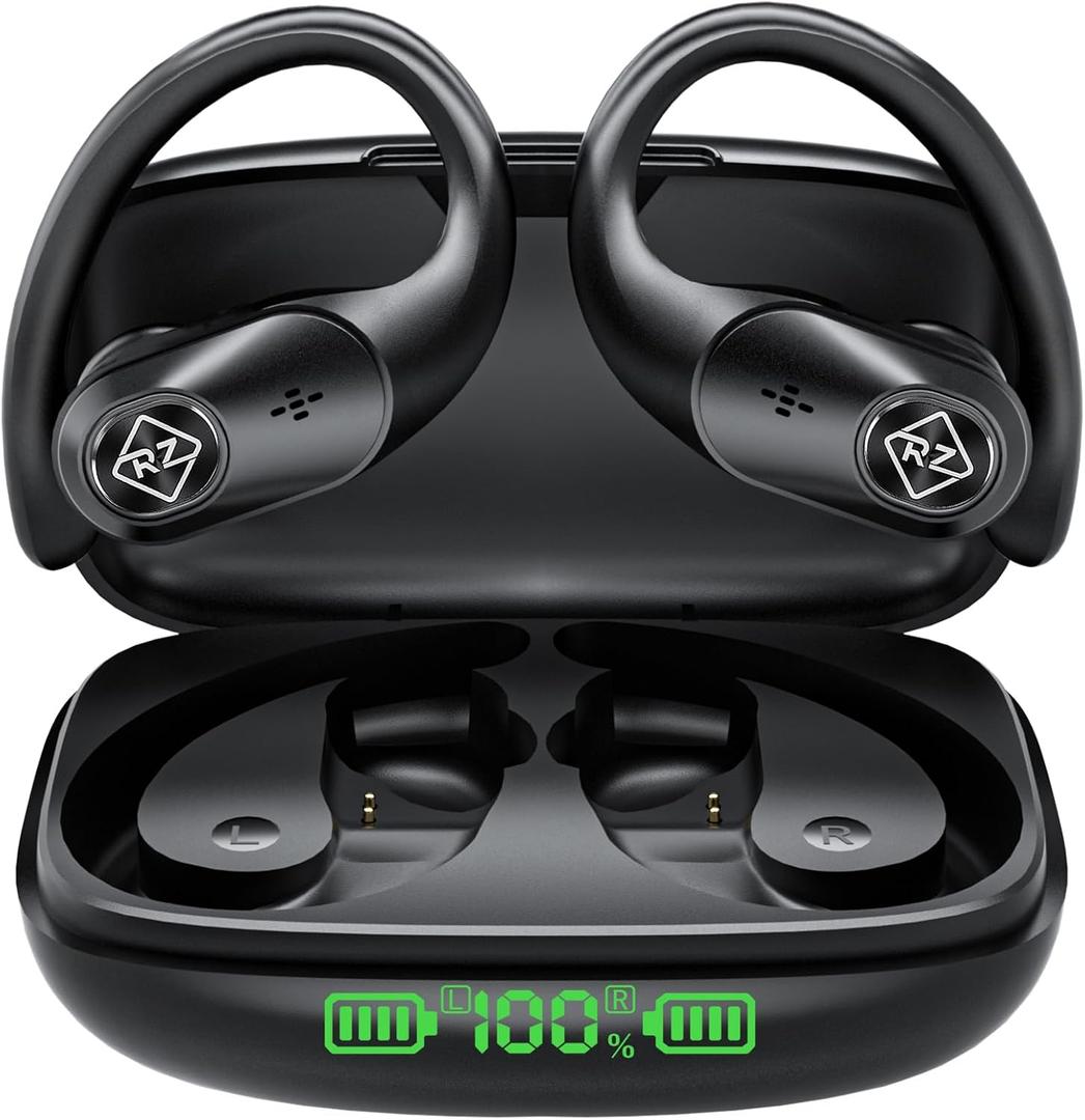 Wireless Earbuds Bluetooth Headphones 96H Playtime LED Display Waterproof Built in Mic Deep Bass Sound Secure Over Ear buds Earhooks for iPhone Android Samsung Cell Phones Sport Running Workout Gaming (Black)