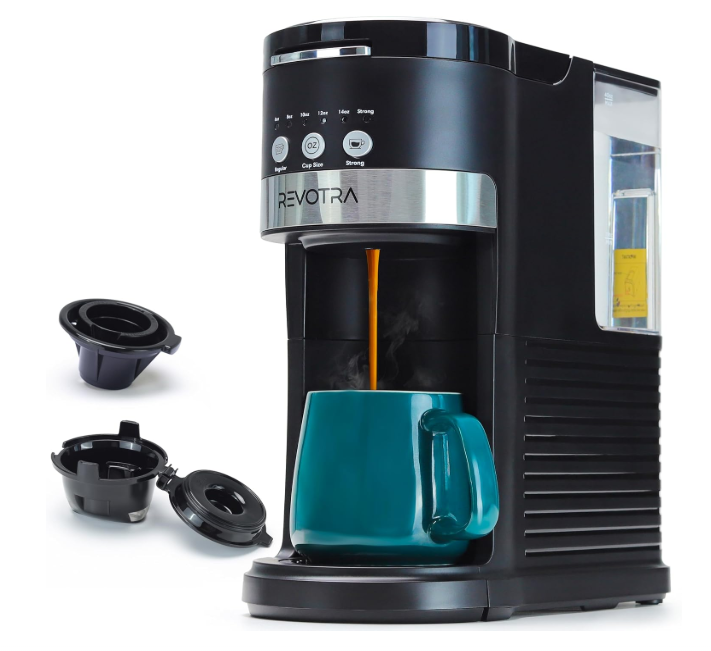 REVOTRA Single Serve Coffee Maker for Pods & Ground Coffee, 6 to 14oz Brew Sizes, Strong Brew Option, Fast Brewing, Compact Design with Removable 40oz Reservoir, Travel Mug Friendly
