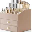 VLANDO Makeup Organizer for Vanity,Large Capacity Countertop Organizer with Drawers, PU Leather Cosmetic Display Case for Lipstick,Brushes,Skincare,Bedroom Storage (Toffee)