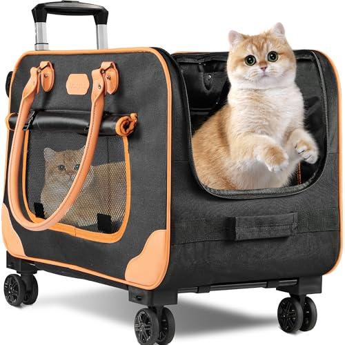 Large Cat Carrier with Wheels, Rolling Cat Carrier, 24"x 13.8"x 15.4" Pet Carrier with Wheels for Large Cats Small Dogs up to 38 LBS, Ideal for Travel, Walking and Camping(NOT for TSA)