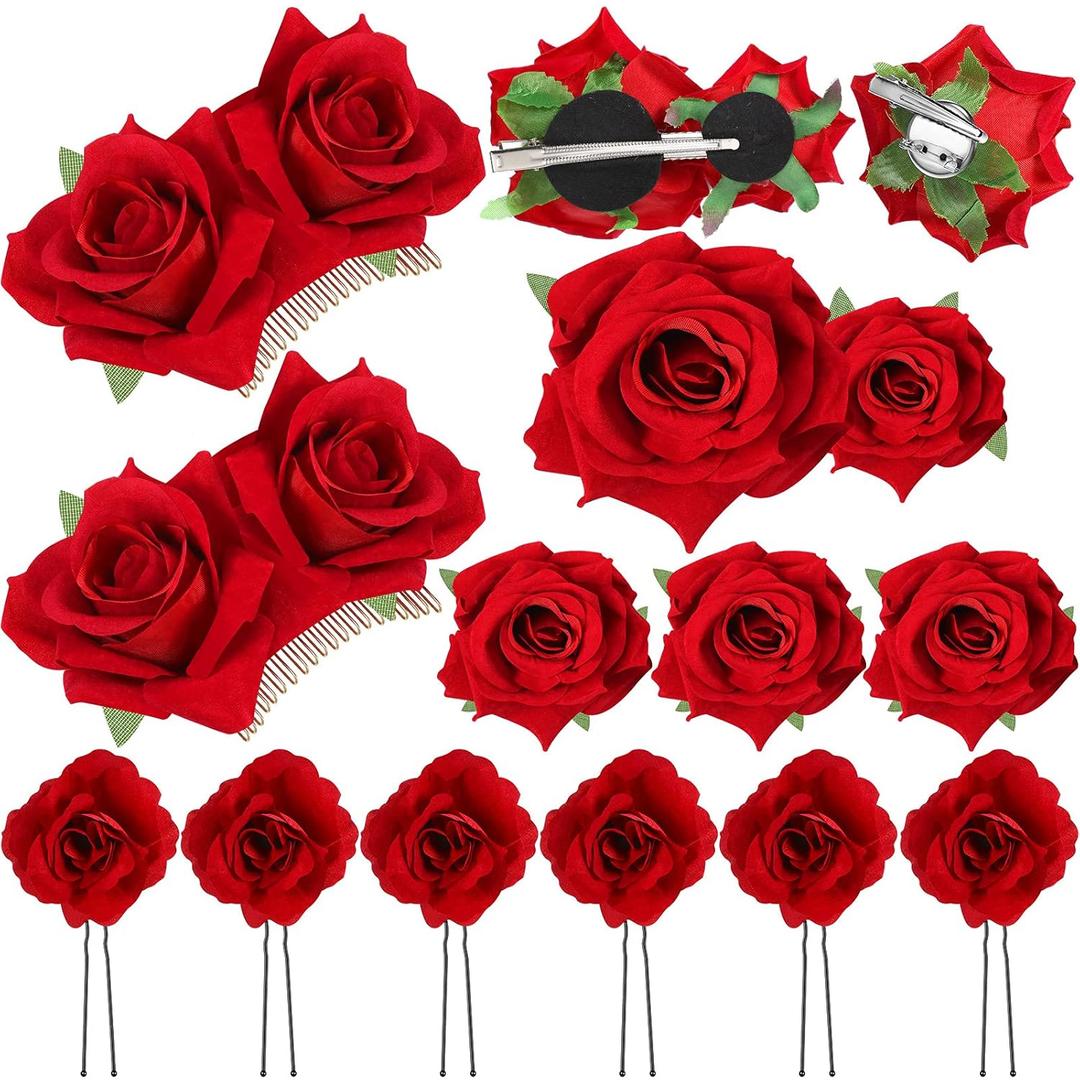 Waydress 12 Pieces Rose Flower Hair Clip Rose Brooch Floral Clips Mexican Flower Hair Pins Accessories for Women Mother's Day Gifts Flamenco Dancer Bridal Wedding Party Supplies(Red)