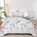 Dinjoy King Size Quilt Set Floral,3 Pieces Grey & White Quilts Coverlet Set Flower Bedspreads Bed Cover Lightweight Fall Quilt Gray Boho Farmhouse Bedding Sets for Bed (110"x90")