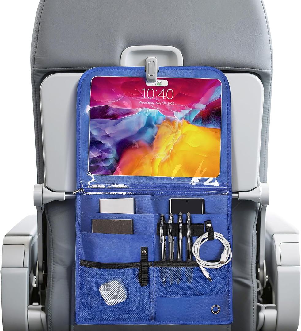 Airplane Pocket Organizer with Tray Table Cover,Portable In Flight Seat Back Organizer & Storage Bag, Commuter Essential Travel Bag Travel Accessories for Flying,Blue (Blue)