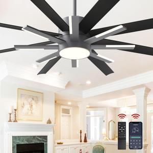 Fande-Aire 72 inch Black Ceiling Fans with Lights and Remote, Modern Large Ceiling Fan for Living Room Bedroom Patio，6 Speed Reversible，8 Blades and 9 Lights，3 CCT，Black Gray