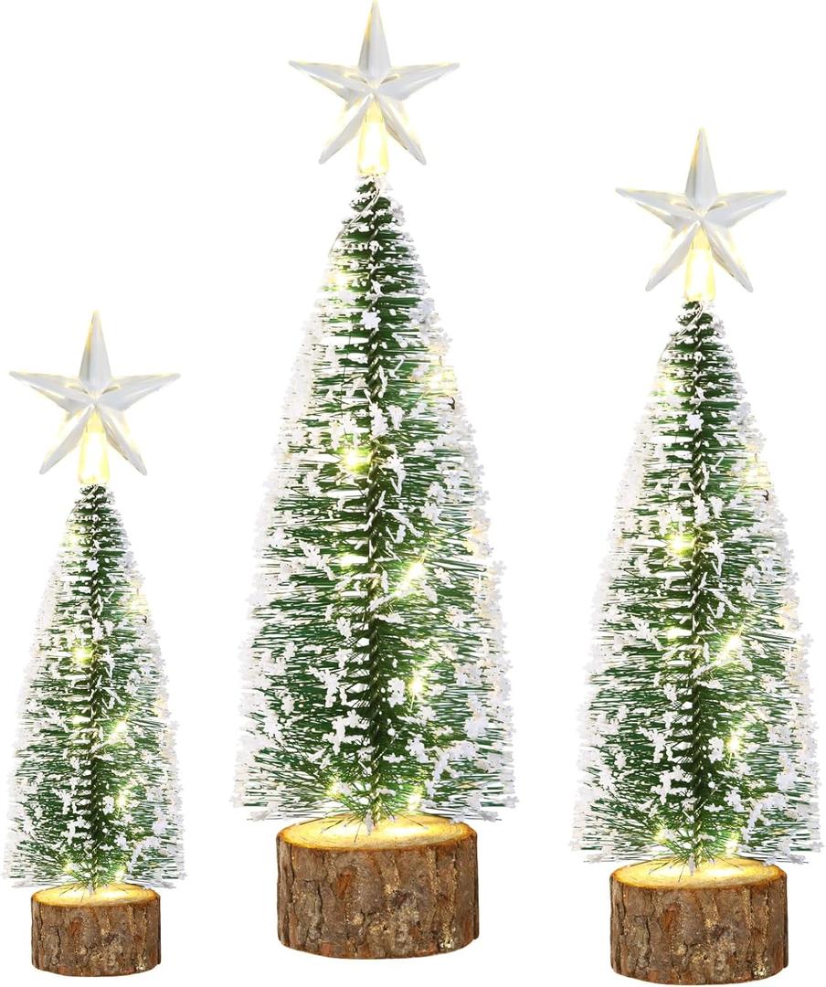 Celltestria 3Pcs Mini Christmas Tree for Table Decor Little Xmas Tree with LED Light for Table Centerpieces Tiny Bottle Brush Tree with White Snow for Home Indoor Tabletop Christmas Decoration