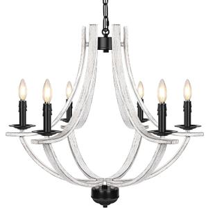 6-Light Farmhouse Chandelier, 23-70 Adjustable Dining Room Light Fixture, Retro Metal Kitchen Island Lighting, E12 Candle Pendant Hanging Light Over Table for Bedroom Entryway, White Oak