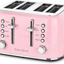 Roter Mond Toaster 4 Slice Retro Stainless Steel with Extra Wide Slots Bagel, Defrost, Reheat Function, Dual Independent Control Panel, Removable Crumb Tray, 6 Browning Levels, Pink