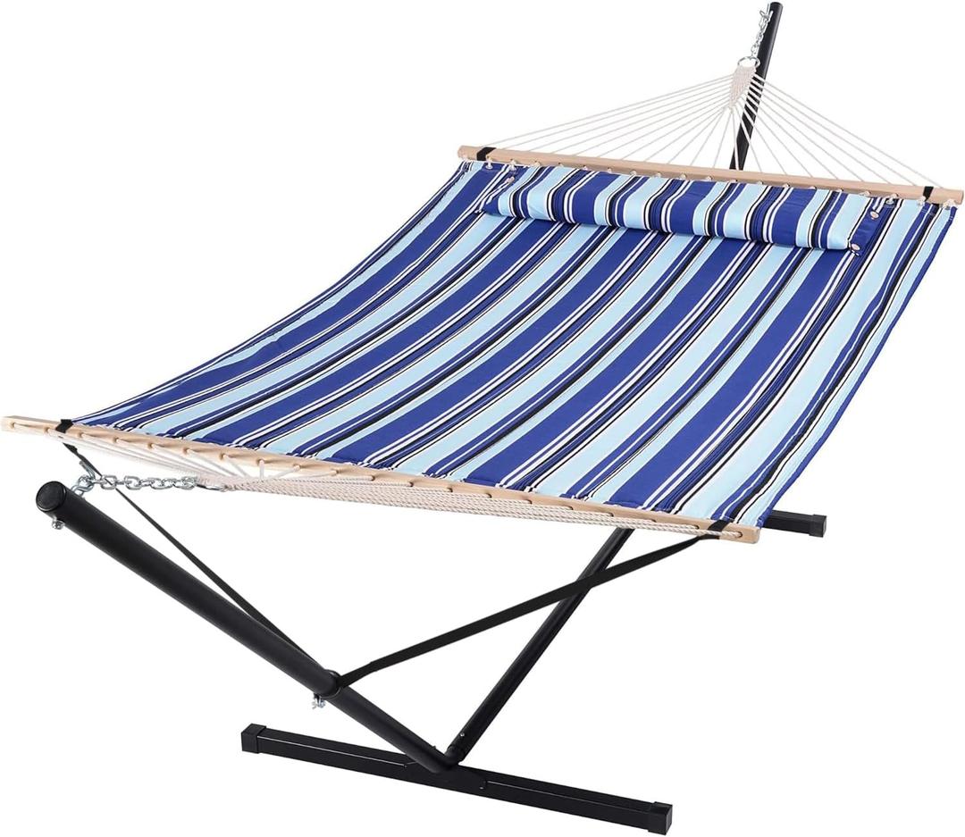 SUNCREAT Two Person Hammock with Stand Heavy Duty, Free Standing Hammocks Outdoors for 2 Person, Max 475lbs Capacity, Blue Stripes (12 ft Stand, Navy&light Blue)