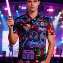 uideazone Mens Funny Hawaiian Shirts 3D Graphic Button Down Short Sleeve Tropical Holiday Beach Aloha Shirt (XX-Large, Neon Music)