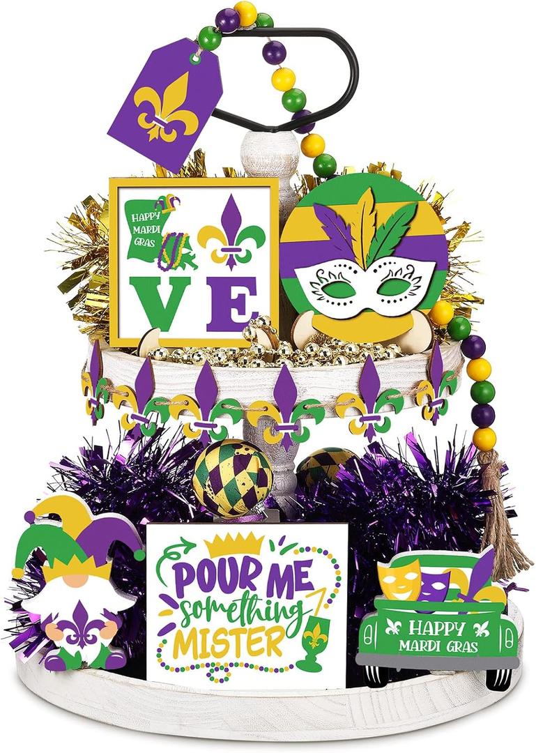 Jetec 11 Pcs Mardi Gras Tiered Tray Decor Mardi Gras Mask Table Wooden Sign Purple Gold Green New Orleans Carnival Table Sign Venetian Masquerade Party Centerpiece for Home Kitchen Bar Decoration
