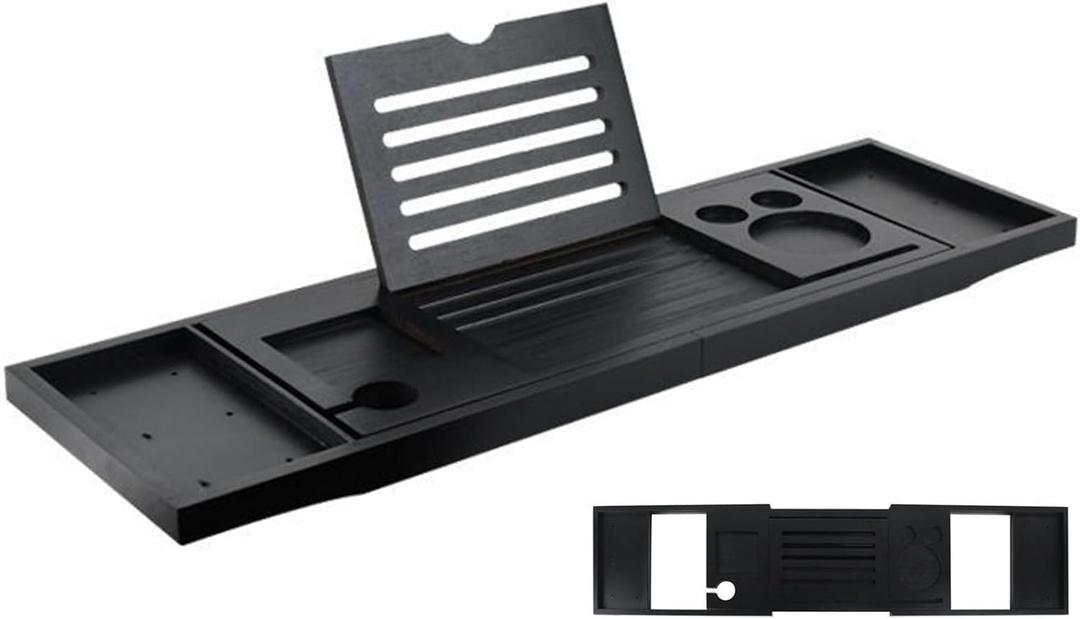 Bamboo Bath Caddy Tray Expandable 29.5"-37.4", Bathroom Bathtub Organizer with Book Tablet Wine Glass Cup Towel Holder, Bathtub Tray Fits Most Bath Tubs,Black