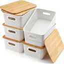 AREYZIN Storage Bins with Bamboo Lids Set of 6 Lidded Storage Container Plastic Baskets Organizer Bins for Organizing Kitchen Room Bedroom Office Closet, Sturdy, (White)