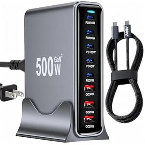 500W USB C Fast Charger Block, PD 3.1 140W USB C Charging Station, GaN Ⅲ Pro 8 Port PD PPS Fast Charging Station for Multiple Devices,Laptop Wall Charger Compatible with MacBook/iPad/iPhone 17/16 etc