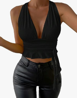 Women Cowl Neck Halter Tops Sexy Draped Front Low Cut Backless Tank Top Ruched Open Back Going Out Crop Tops L