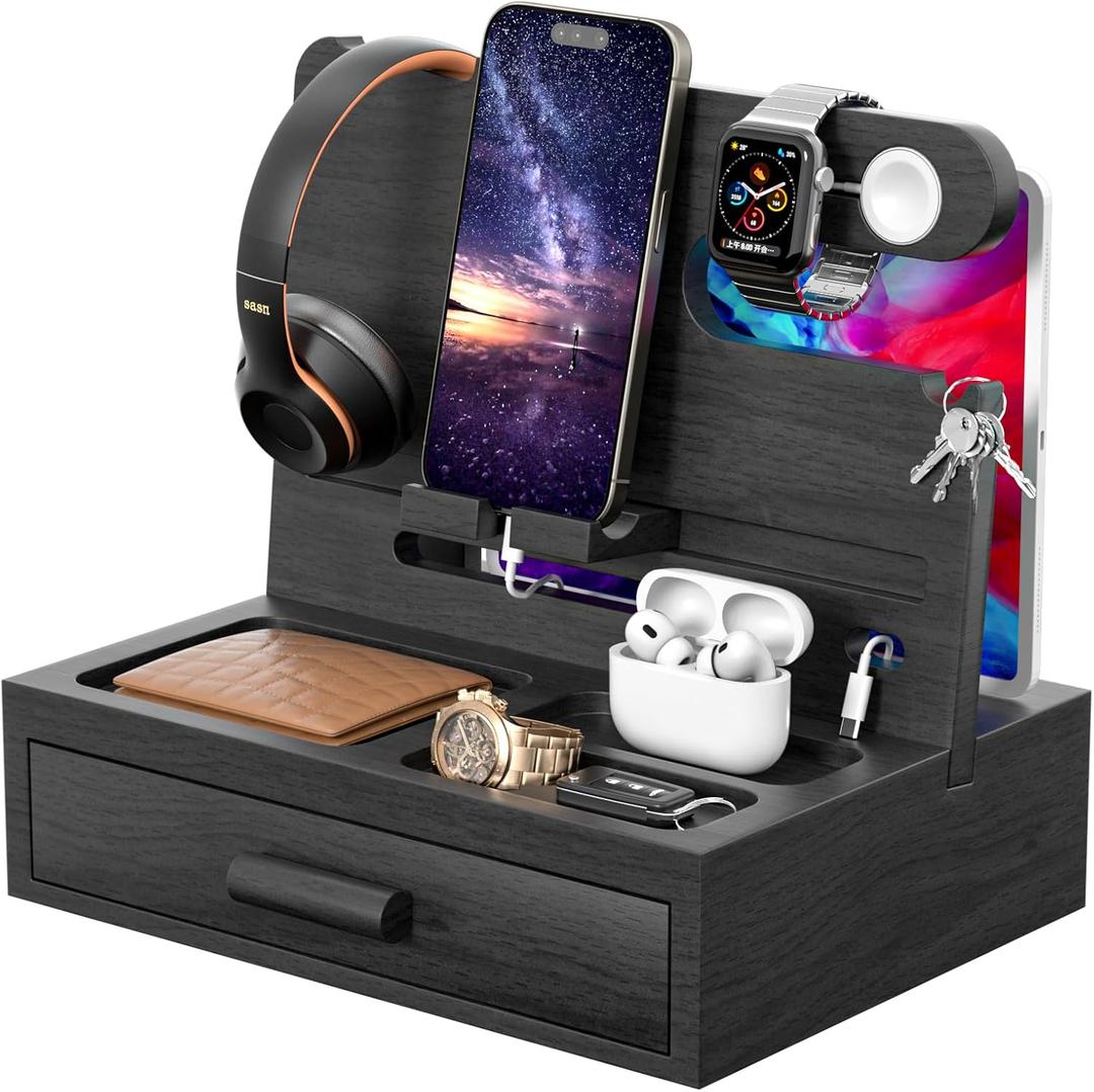 melafa365 Nightstand Organizer for Men,Phone Docking Station with Cable Management,Night Stand with Drawer,Bedside Organizer for Watches,Keys,Wallets,Gifts for MenBlack
