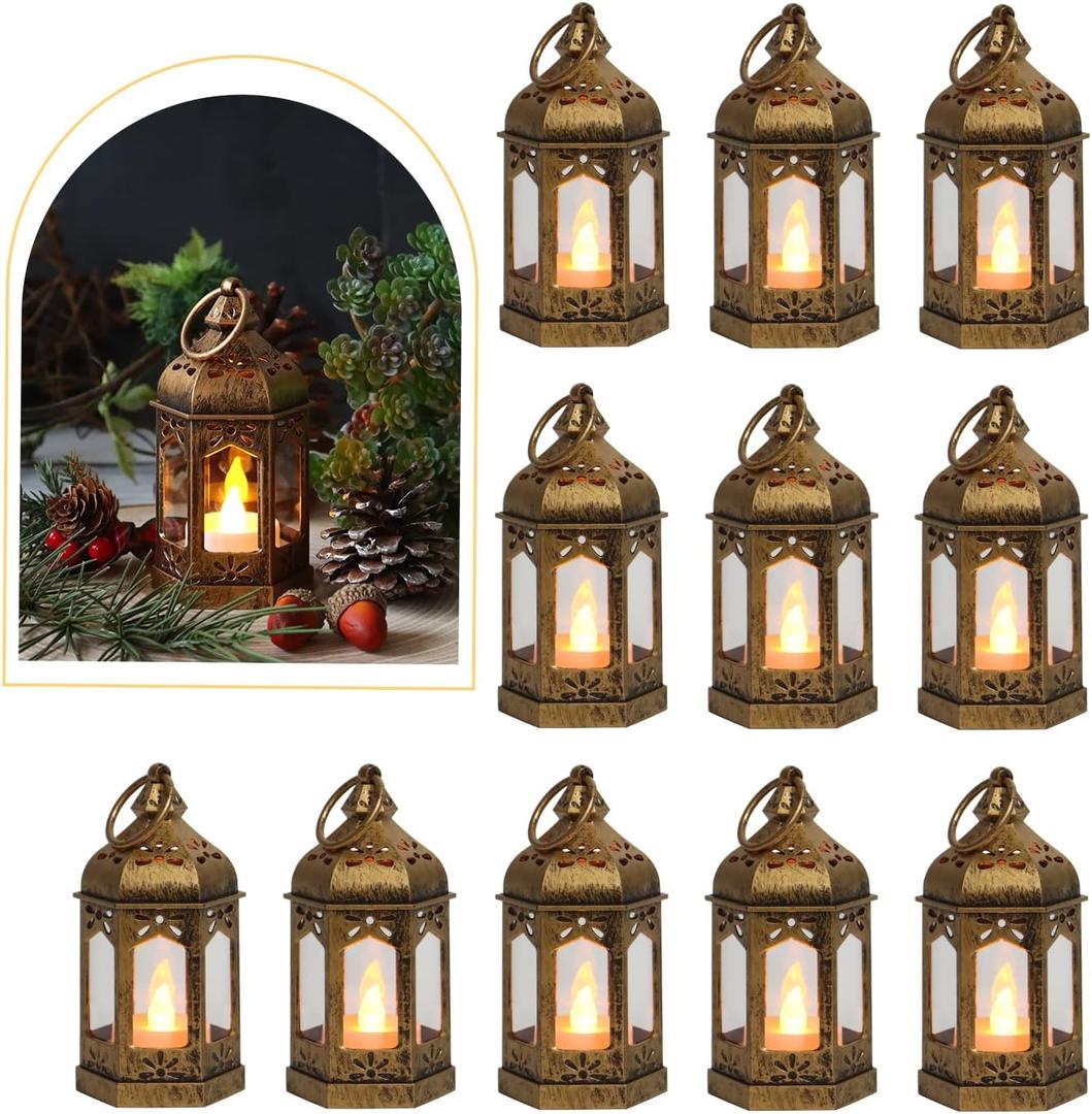LLQ 8Pcs Mini Lantern with LED Tealight, Vintage Brown Lanterns Decorative, Hanging Candle Lanterns for Ramadan Christmas Wedding Table Centerpiece Indian Diwali Decor, Garden Fairy Party Decorations (Bronze)