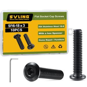 5/16-18 x 3" Bolt, 10PCS Flat Head Hex Socket Cap Screws Bolts, 304 Stainless Steel 18-8, Fully Threaded, Black Zinc Finish, with Hex Spanner