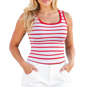 Womens Striped Shirt Sleeveless Square Neck Ribbed Tank Tops Cropped Slim Fit Stripes Tshirt Crop Tee (Medium)