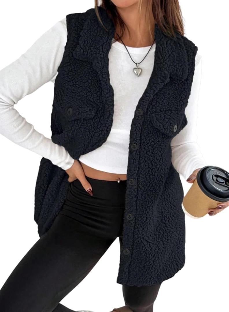 EVALESS Womens Warm Sherpa Fleece Sleeveless Button Down Long Vest Sherpa Jackets Coat Outerwear (Small, Black)