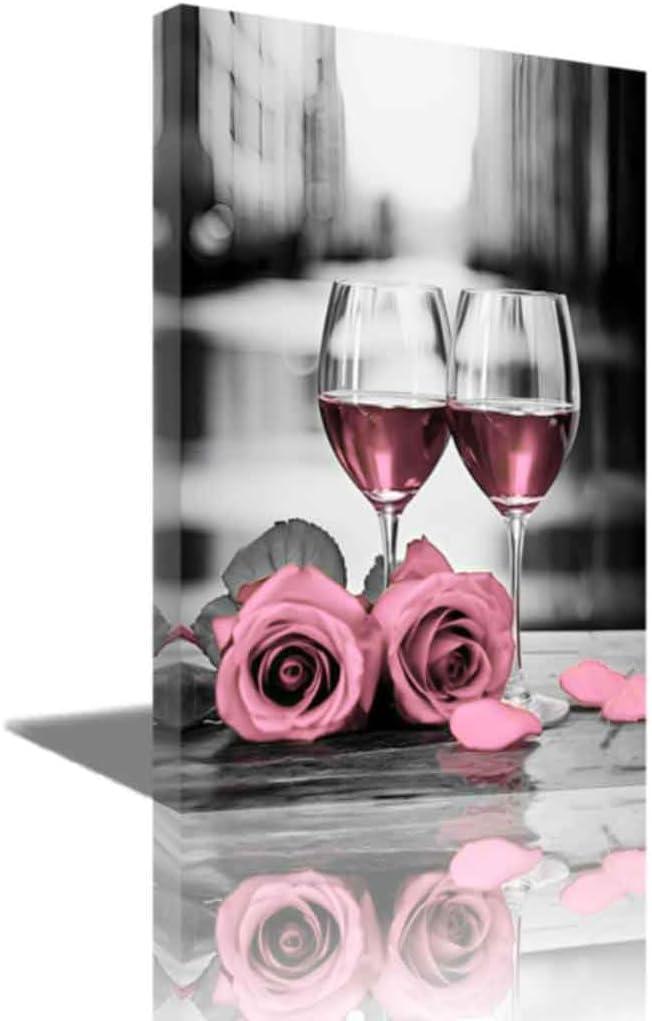 CGXLB Rose Pink Wine Canvas Wall Art Kitchen Artwork Black and Pink Rose Floral Wine Glass Picture Prints for Dining Room Restaurant Home Decor (Pink16.00" x 24.00")