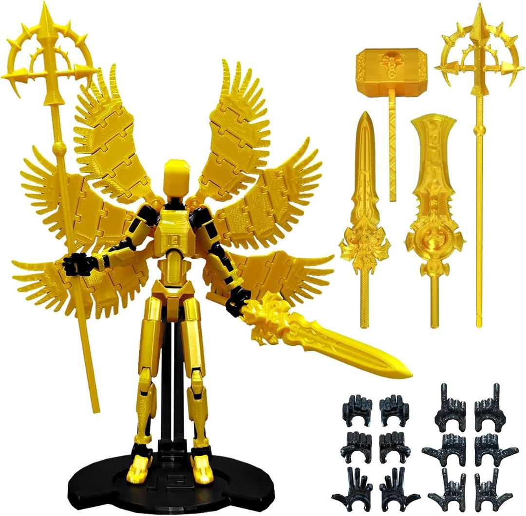 (Assembly Completed) 3D Printed T13 Action Figure, 5.5 Inch Multi-Jointed Movable Dummy 13 Toy,Dummy 13 Robot Action Figure with Lots of Weapons  (Gold)