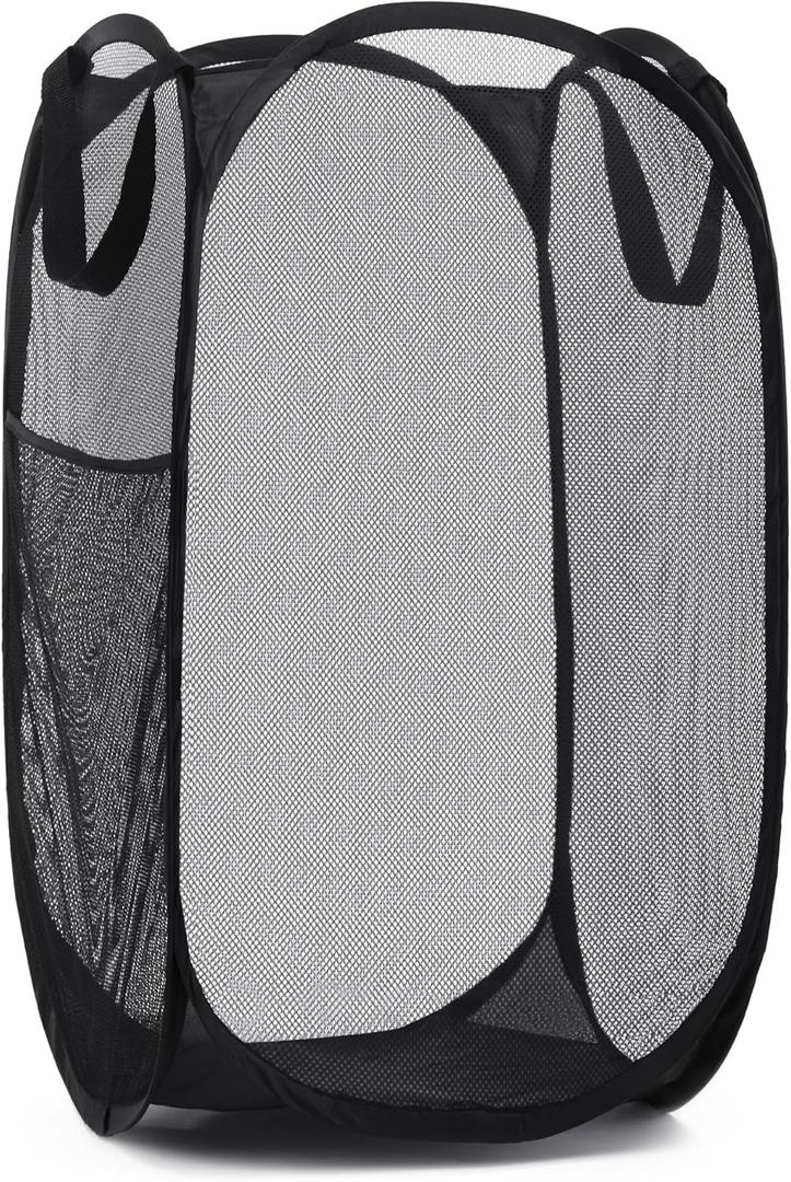 Handy Laundry Collapsible Mesh Pop Up Hamper with Wide Opening and Side Pocket - Breathable, Sturdy, Foldable, and Space-Saving Design for Clothes and Storage (Black)