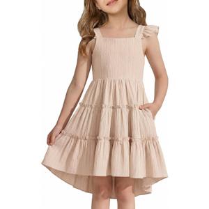 Arshiner Toddler Girls Beige Dress Ruffle Sleeveless High-Low Hem Smocked Dresses Summer Beach Butterfly Sundress 5t 12-13 Y
