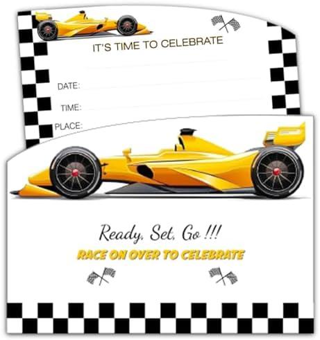 XIAOPNN Race Car Birthday Party Invitation for Boys, Yellow Racing Car, 30 Cards With 30 Envelopes, 5x7 Inches. Set of 2