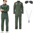3Pcs Flight Costume Suit Adult Men Force Pilot Costume Green Jumpsuit Glasses Necklace Halloween Cosplay Outfits (2X-Large)