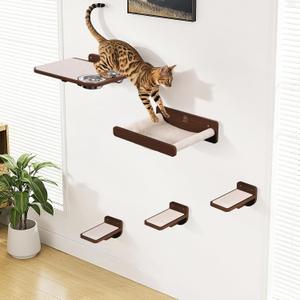 Space-Saving Cat Wall Shelves Interactive Cat Wall Climber with Hammock & Dog Proof Feeding Station for Small & Medium Indoor Breeds Solid Walnut Wood with Beige Carpet