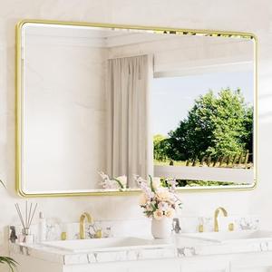 TETOTE Brushed Gold Framed Bathroom Mirror 60 x 36 Large Beveled Edge Tempered Glass, Rounded Corner Rectangle Bathroom Mirror for Modern Bathroom, Living Room, Bedroom, Entryway