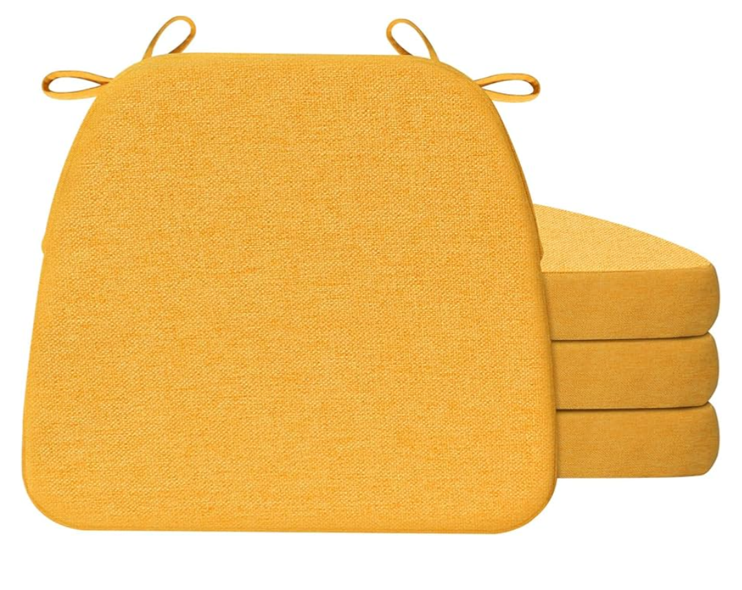 AAAAAcessories D-Shaped Chair Cushions, 2" Thick Dining Chair Pads with Ties and Removable, Machine-Washable Cover, 17" x 16", Set of 4, Golden Yellow