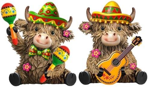 Burbell 2 Pack Mexican Fiesta Highland Cow Decor Resin Cinco De Mayo Decorations Mexican Taco Fiesta Highland Cow Figurine Gnomes Resin Statue for Garden Table Centerpieces Shelf Home Decor Gifts