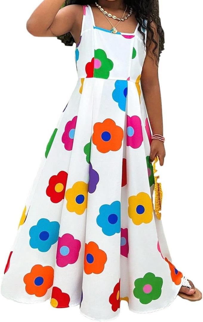Girls Summer Dress Flower Print Tank Dress Sleeveless Flared Hem Beach Vacation Long Dress Dresses for 8-12Y