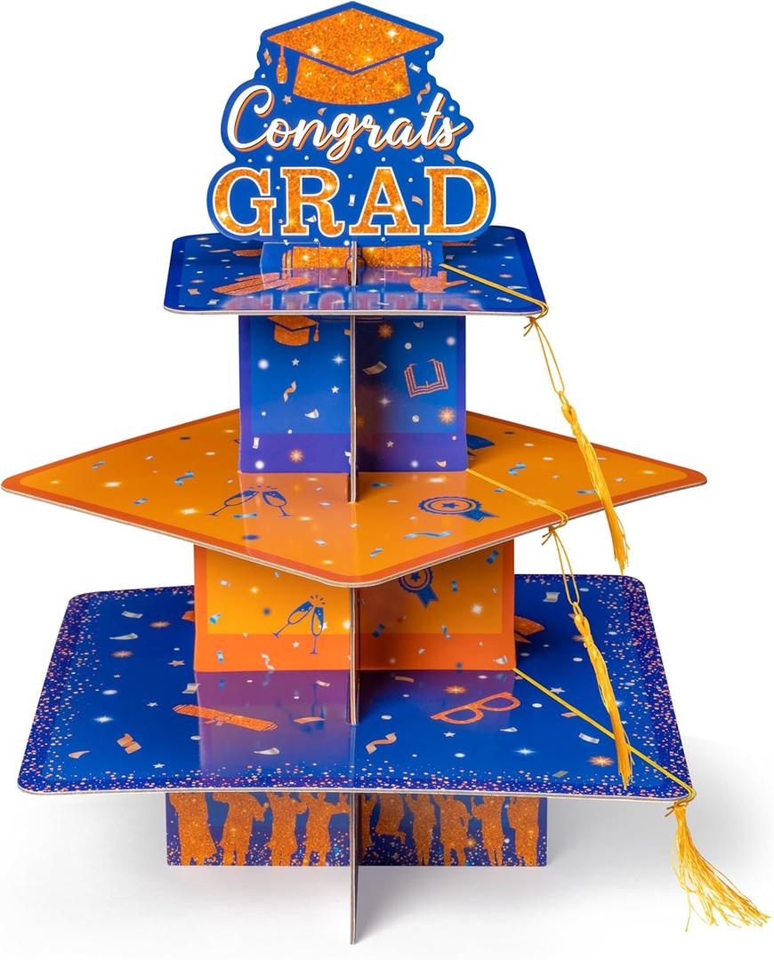 Haooryx Graduation Cupcake Stand Decoration - 3-Tier Orange Blue Graduate Cap Cupcake Tower with Tassel Cardboard Dessert Holder Kindergarten Primary High School College Graduation Party Table Decor