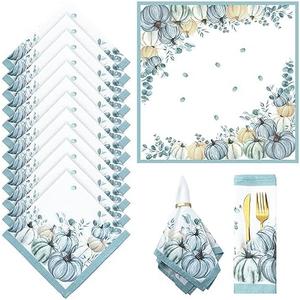 Qeeenar 12 Pcs Fall Cloth Napkin 20 x 20 Inch Blue Pumpkin Cloth Napkins Thanksgiving Autumn Harvest Pumpkin Buffalo Plaid Party Dinner Washable Decoration