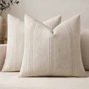 MIULEE Striped Throw Pillow Covers 22x22 Decorative Textured Pillow Covers Pack of 2 Linen Cushion Cases for Couch Bed Sofa Livingroom Farmhouse Home Decor, Beige