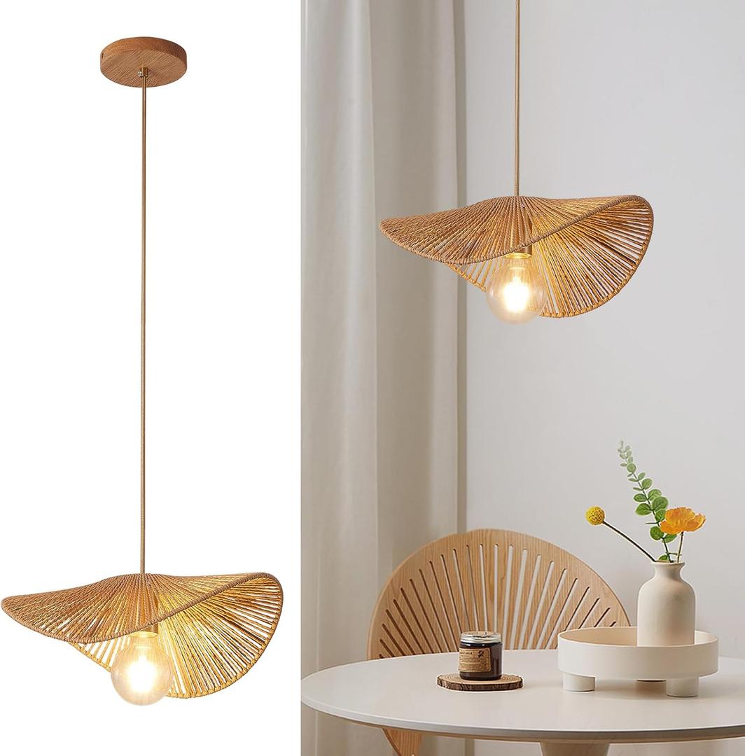 Boho Rattan Pendant Light Fixture Modern Style Hanging Light Bamboo Handwoven 1-Light Hanging Lamp for Farmhouse Bedroom Living Room Dining Room