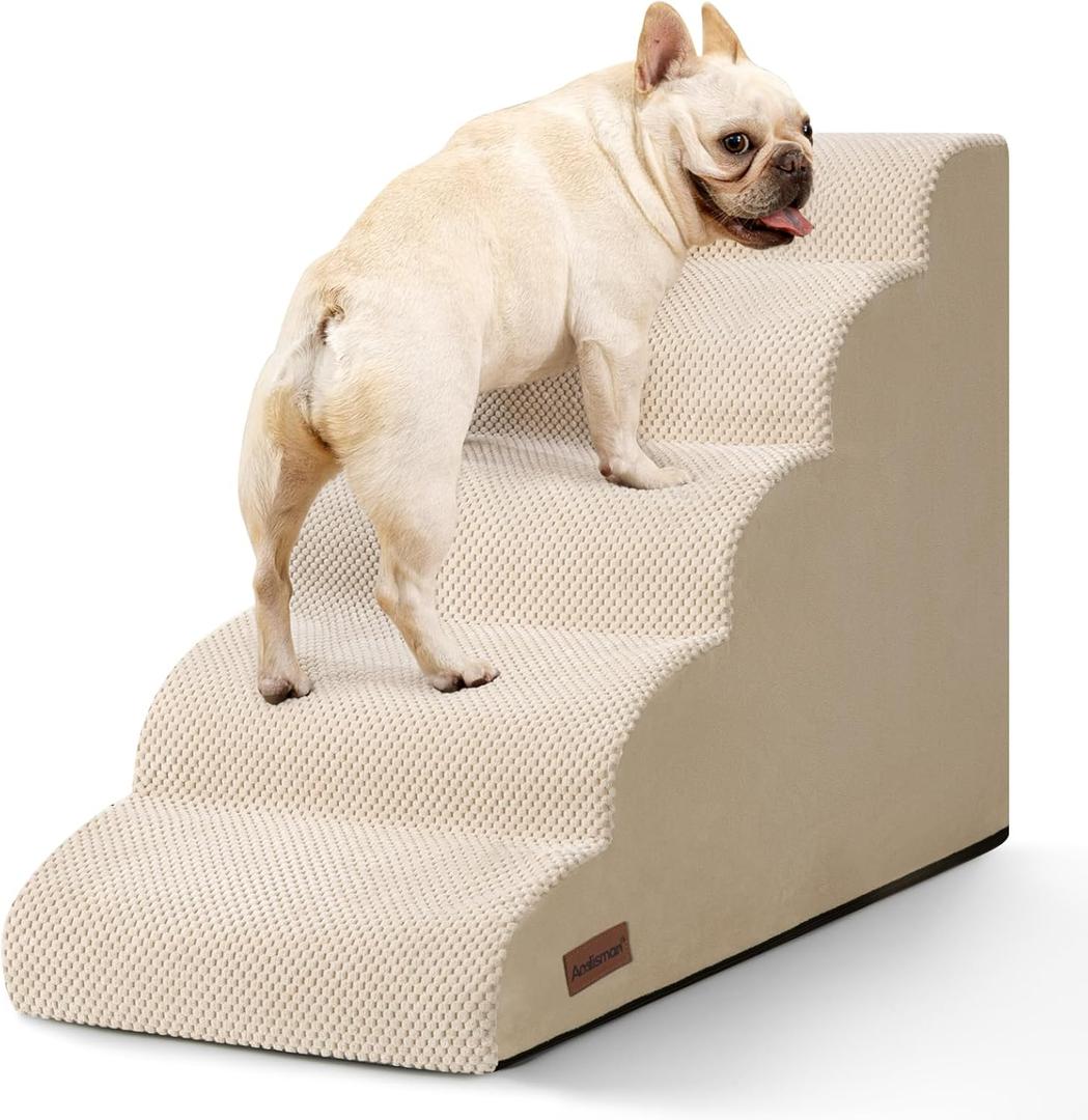 Aodisman Dog Stairs for High Bed,5 Step Dog Ramp for Small and Medium Dogs,Pet Stairs with Non-Slip Bottom for Puppy, Older Cat,Indoor Pet Steps,Comfort,Durable,22.4" H,Beige