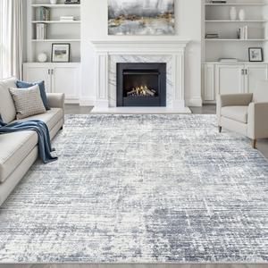 9x12 Area Rug Living Room: Washable Large Neutral Blue Rugs Abstract Soft Modern Stain Resistant Indoor Floor Non-Slip Carpet for Bedroom Nursery Kids Office Playroom Dining Room Under Table Home