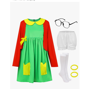 Panitay 7 Pcs Women's Halloween Costume Outfits Green Dress Red Knit Cardigan Shorts Glasses Socks Hair Tie for Cosplay